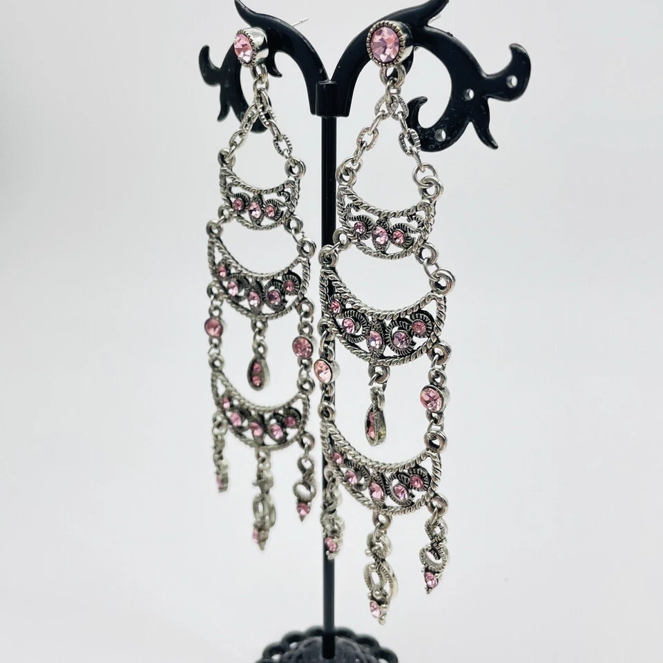 Pendientes Araña Rosa Estrás Tono Plata Perforados De Colección Boho Declaración Foto 1 de 4