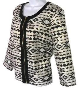 Roz & Ali Woman's Long Sleeve Black Gold White Aztec Jacket Blazer Zip Up SZ XL - Picture 1 of 9