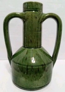 VTG MCM Green Speckle Glazed Stoneware Vase Double Handles 7” Signed Belgium - Picture 1 of 14