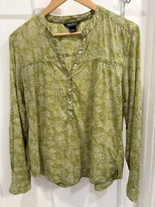 Eddie Bauer Green Floral Top 1/4 Button Long Sleeve Boho Summer Vacation Size L - Picture 1 of 12
