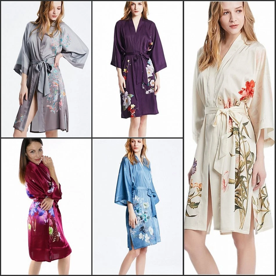 Damen Knielang 100% Seidenmantel Kimono Morgenmantel NachtKleid Seide Kleid Robe - Bild 1 von 1