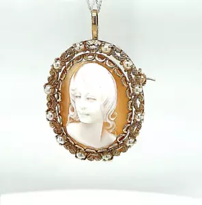 Antike Brosche in 14 Karat (585) Gelbgold mit schöner Muschelgemme und Perlen - Bild 1 von 11