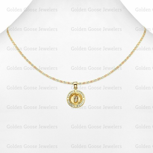 Ciondolo Medaglia Signora di Guadalupe Oro 14KT Tricolore Zirconi Catena Valentino