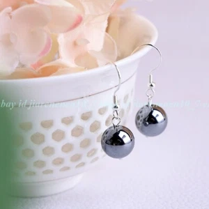 10mm Black Round Natural Stone HEMATITE Earrings for Women Dangle Hook Earring - Picture 1 of 9