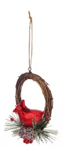 Estatuilla colgante de cardenal de invierno sentado en corona - 4" de ancho x 4 1/2" de largo (bucle de 3") - Imagen 1 de 5