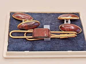 Russian antique cufflinks and tie clip, with jasper, gold plated. - Picture 1 of 17