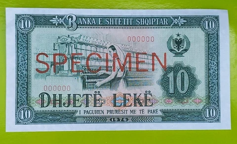 Albania Specimen 10 Lek 1976. World Paper Money, Bill Note. UNC Cover