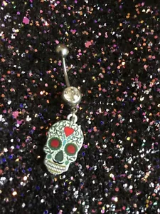 PERCING POUR NOMBRIL ACIER INOXYDABLE HYPOALLERGIE STRASS & TETE DE MORT VERT - Picture 1 of 1