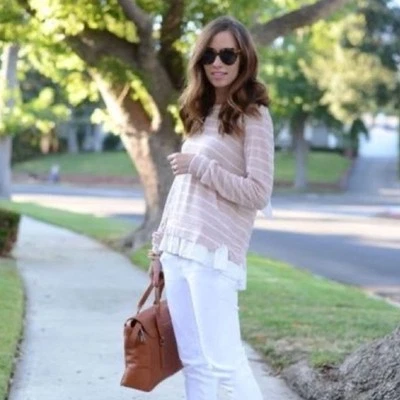 Clu + Willoughby Anthropologie Long Sleeve Lace Ruffled Tie Sweater Women S Tan - Image 1 of 4