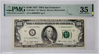 $100 Bill Series 1977 STAR Note LOW Serial # PMG 35 Choice VF - L 00009962 * - Image 1 of 4