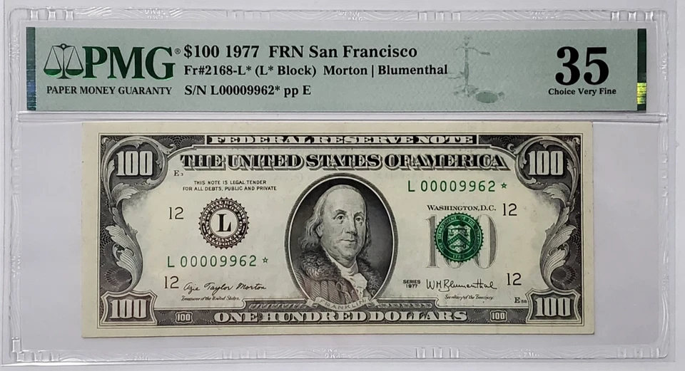 $100 Bill Series 1977 STAR Note LOW Serial # PMG 35 Choice VF - L 00009962 * - Image 1 of 4