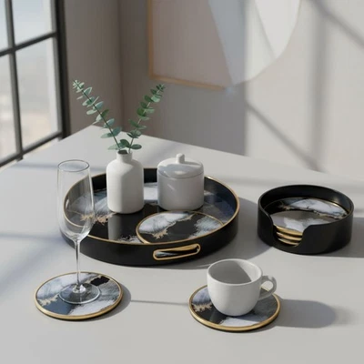 Round Abstract Home Kitchen Serving Drinks Candle Coffee Table Tray & Coasters - Image 1 of 4
