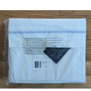 Neu mit Etikett Ralph Lauren komplettes flaches Laken weiß Bio-Baumwolle Palmer Perkal blau gestreift - Bild 1 von 3