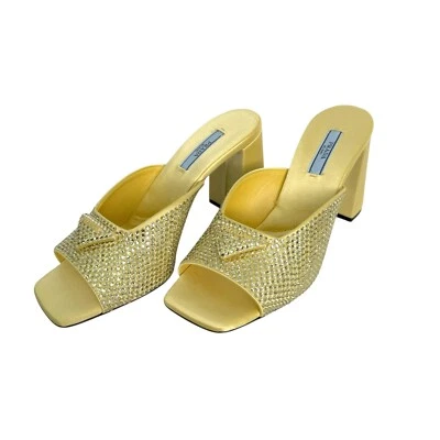 Sandalias mulas Prada de tacón deslizable amarillo piña adornadas con cristal satinado, 36 y 38 Foto 1 de 4