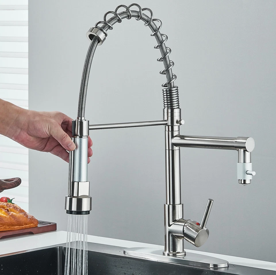 Brushed Nickel Kitchen Faucet Single Handle High Arch 2 Spouts Pull Down Sprayer