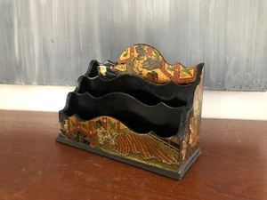 PORTE-LETTRES, RANGE COURRIER EN BOIS LAQUÉ NOIR DÉCOR JAPONISANT - Bild 1 von 15