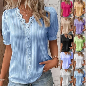 Womens V neck Summer Ladies T-Shirt Blouse Short Sleeve Tops Pullover Plus Size - Picture 1 of 13