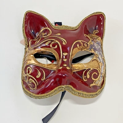 La Maschera Del Galeone Hand Painted Venetian Masquerade Cat Mask Italy Red Gold - Image 1 of 4