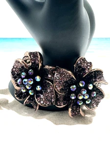 OPC CN Bracelet Coppertone Flower Rhinestones Clamper Beachy Boho - Picture 1 of 7