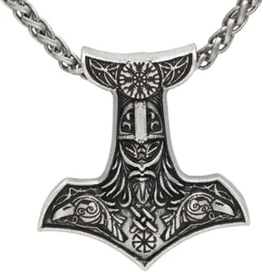 Herren nordisch Wikinger Doble Krähe Thor Hammer Mjolnir Anhänger Amulett Halskette Geschenke - Bild 1 von 3