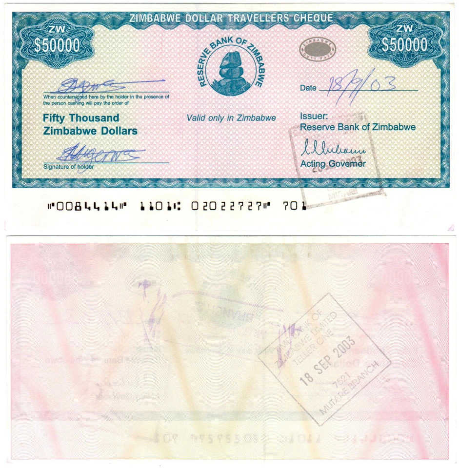 Zimbabwe Travellers Cheque 50 000 Dollars P#19 (2003)  - Image 1 of 1