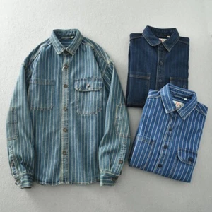 Vintage Retro American Style L/S Wabash Hickory Striped Workwear Denim Shirt - Picture 1 of 29