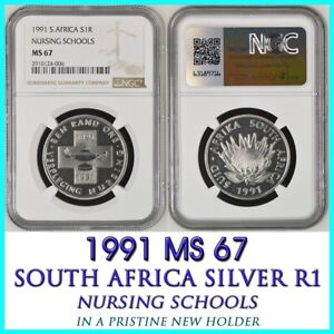 1991 South Africa Silver 1 Rand NGC MS67  NURSING SCHOOLS PROTEA R1