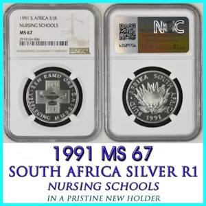 1991 South Africa Silver 1 Rand NGC MS67  NURSING SCHOOLS PROTEA R1 - Picture 1 of 6