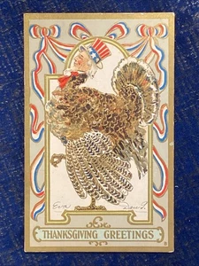 Fantasy UNCLE SAM Head On Turkey THANKSGIVING 1908 Antique Emb Postcard VGC!! - Picture 1 of 5