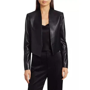 Damen Schwarz Vorne Offen Echt Leder Jacke Minimalistisch Blazer Schick Party Mantel - Bild 1 von 6