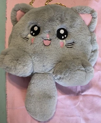 Womens Girls Adorable Plush Kitten Purse Backpack Gold Chain Gray & Pink - Image 1 of 4