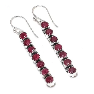 Lab-Created Ruby Gemstone Handmade 925 Sterling Silver Jewelry Earrings - Picture 1 of 5