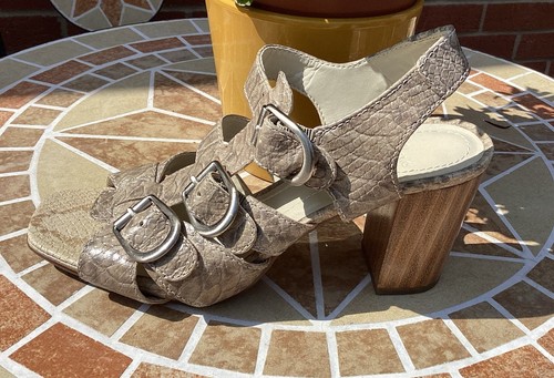 SANDALI CLARKS SHIP MATE TAUPE 'SNAKE SKIN' PELLE TACCO LEGNO MISURA 6D