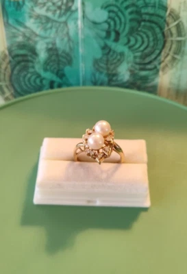 14KY Gold White 2 Pearl White Diamonds Cocktail Ring  - Sz. 7.75 - Image 1 of 4