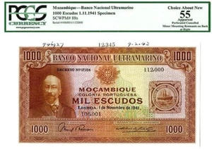 XLG MOZAMBIQUE (PORTUGUESE COLONY) 1941 1000 ESCUDOS SPECIMEN! PCGS 55 LOOKS GEM - Picture 1 of 2
