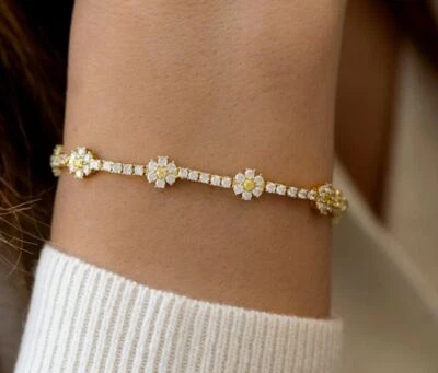 Pulsera Tenis Mujer Floral 8Ct Creado Amarillo Citrino Acabado Oro Blanco 14K Foto 1 de 3