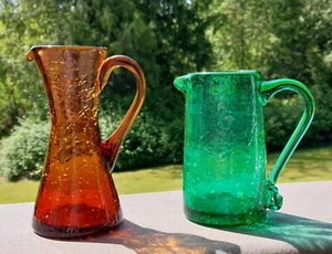 Pair of Vintage Pilgrim Crackle Glass Pitchers 1950s-60s, Brown, Green - Picture 1 of 9