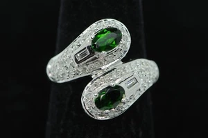 Art Deco Style 14K White Gold Chrome Diopside Ring with Diamonds (Size 6 3/4) - Picture 1 of 7