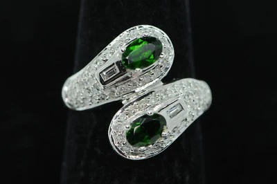 Art Deco Style 14K White Gold Chrome Diopside Ring with Diamonds (Size 6 3/4) - Image 1 of 4