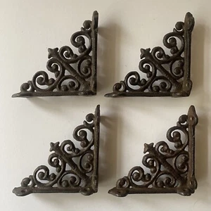 4 BROWN ANTIQUE-STYLE 4" SHELF BRACKETS CAST IRON garden rustic fleur ARROW - Picture 1 of 9