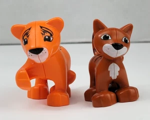 2 Lego Duplo Animal Figures Orange Striped Tiger Baby Cub Zoo Brown Cat Farm - Picture 1 of 11
