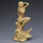 Natural Solid Wooden Mermaid Figure Statue Hand-Carved Lovely Home Decoration