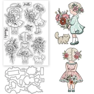 Flower Bouquet and Lady Clear Stamps and Metal Cutting Dies Set for DIY Scrap... - Picture 1 of 7