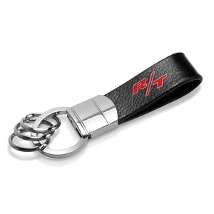Dodge R/T Logo Black Real Leather Strap Chrome Round Hook Metal Key Chain - Picture 1 of 4