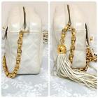 Chanel Quilted Shoulder Bag Pouch Lambskin Coco Mark Fringe White CC Logo Ladies