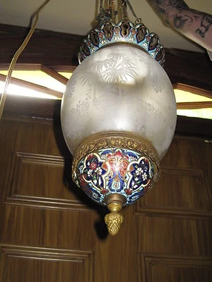 Lámpara de techo antigua de bronce, Champleve, pantalla de vidrio grabado original Foto 1 de 4