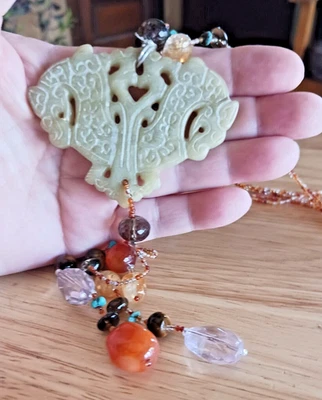 ¡Collar de cuentas con múltiples piedras preciosas dragón doble cabeza de vidrio de Pekín! Foto 1 de 4