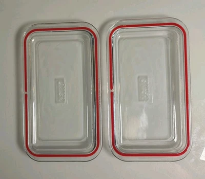 Set of 2 PYREX Glass Refrigerator Dish Lids (Only) 7214C Red Trim Rectangle - Image 1 of 4