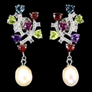 925 Sterling Silver Earrings Heart Amethyst Peridot Topaz Pearl Gemstone Jewelry - Picture 1 of 14