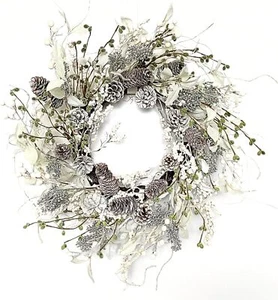 24 Inch White Christmas Wreath,Winter Wreaths for Front Door with Pinecones Berr - Picture 1 of 5